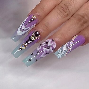 Coffin Press-on Nails 24pcs (12 Sizes) Purple Ombre French Tip False Nails with White Flower Printing &amp; Rhinestone Designs, ABS Material, Glossy Finish