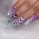 Coffin Press-on Nails 24pcs (12 Sizes) Purple Ombre French Tip False Nails with White Flower Printing &amp; Rhinestone Designs, ABS Material, Glossy Finish