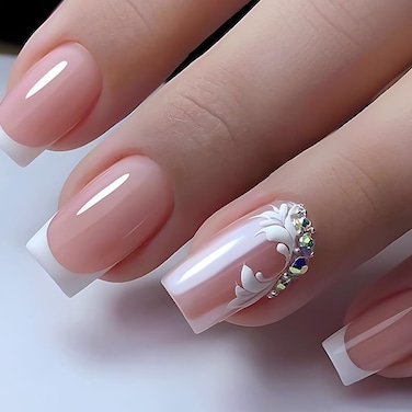 24 Pcs Pink ​French Tip Press on Nails Square Medium Bling Glam Flash Diamond Crystal Glossy False Fake Nails，Glitter Rhinestones Glue on Acrylic Artificial Nails Press ons for Women Girls