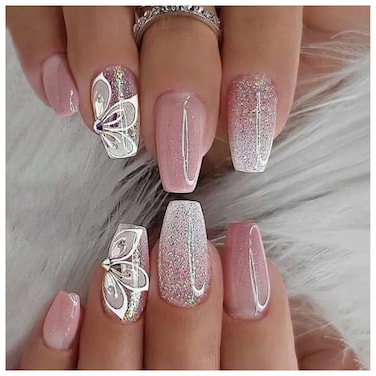 Gradient Pink Press on Nails Medium Length Glossy False Nails with Glue on Nails Flower Rhinestone Designs Artificial Acrylic Fake Nails Office Home Bling Sequins Stick on Nails for Women Girls