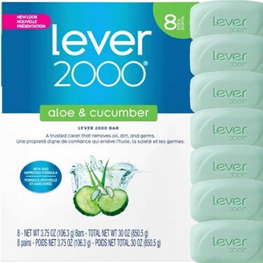 Lever 2000 Refreshing Body Soap and Facial Cleanser With Aloe &amp; Cucumber Effectively Washes Away Bacteria, Fresh Aloe, 3.75 Ounce (Pack of 8)