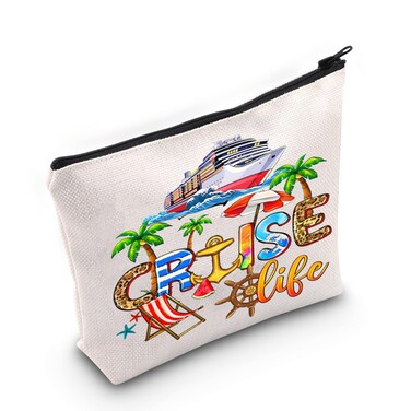 LEVLO Cruise Trip Cosmetic Makeup Bag - Multicolor, Letter Print - Zipper Closure - Unisex-Adult - Travel Cosmetic Bag - 6.69 x 6.69 x 0.25 inches