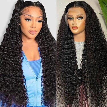 32 Inch Deep Wave Lace Front Wigs Human Hair 13x6 HD Lace Frontal Wigs Human Hair Pre Plucked Deep Curly Lace Front Wigs For Women Glueless Deep Wave Frontal Wig with Baby Hair Natural Black