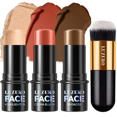 3Pcs Contour Stick Makeup Kit, Shades with Highlighter Stick, Blush Stick and Bronzer Stick for Sculpt the Cheeks and Body, Long Lasting,Waterproof, Dewy &amp; Matte Finish, MEDIUM (#09,12,15)