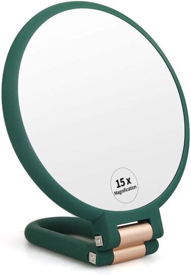LHIUEM 1x 15x Magnifying Hand Held Mirror，Double Side Travel Mirror with Foldable Handle，1x 15x Magnification Hand Mirror for Women Travel Table Desk (Army Green)