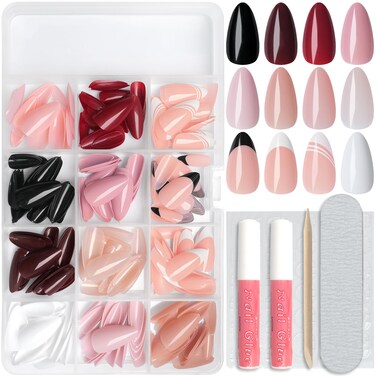 288pc Almond Press on Nails Medium Acrylic Nails Press on Nails French Tip Short Fake Nails with Glue and Adhesive Tabs, Glue on Nails Pack False Stick on Nails Artificial Fingernails
