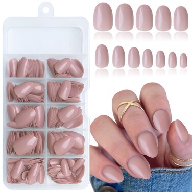 Short Press on Nails Almond Fake Nails, 240 Round Almond Press on Nail Short Full Cover Acrylic Presson Nail Tips Nude Tan Artificial False Fingernail Nail Glue Adhesive Tabs for Women Kids