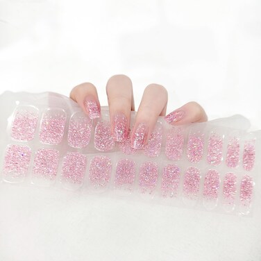 Semi Cured Gel Nail Strips Glitter Pink Nail Stickers Clear Full Nail Wraps for Women Nail Art Design