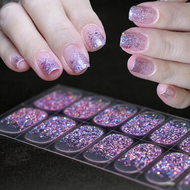 Gel Nail Polish Strips French Glitter Purple Adhesive Full Wrap Gel Nail Art Sticker, UV Free Nail Gel Stickers