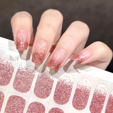 Nail Art Wraps Free Nail Light/Lamp Gel Nail Polish Stickers, Waterproof Long Lasting Nail Strips (Glitter red Clear)