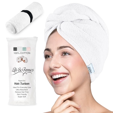 Lili&amp;James Cotton Hair Towel Wrap for Women/Kids   Quick Dry, Soft &amp; Absorbent 420-GSM Towel with Double Button   Anti Frizz, Non Microfiber Turbans for Curly, Long Hair (White)
