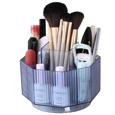 LINFIDITE 360&deg;Rotating Makeup Organizer Holder Cosmetic Display Case Clear Makeup Brush Lip Gloss Organizer Case with 5 Slots Round Turntable Storage Tray for Vanity, Bathroom, Counter Organizer Blue