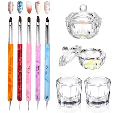 9Pcs Nail Art Brushes Dappen Dish Set for Monomer Acrylic Nail Liquid Powder: 2 Dappen Dish for Acrylic Nails with Lid &amp; 2 Glass Nail Cup Crystal Monomer Dish &amp; 5 Acrylic Nail Brush