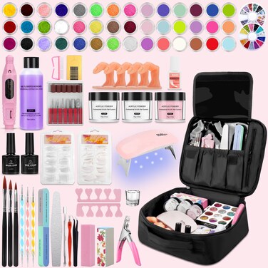 42 Colors Acrylic Nails Kits with Drill and UV Light- Acrylic Nail Powder Glitter and Monomer Liquid Kit with Nail Storage Bag, 5PCS Practice Finger, Nail Kit Acrylic Set with Everything for Beginners