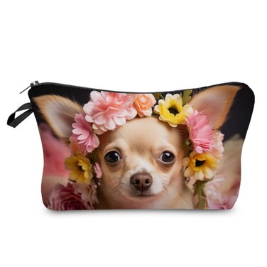 Floral Chihuahua Makeup Bag Cute Small Organizer Bag Toiletry Zipper Pouch Adorable Chihuahua Cosmetic Bag Present for Dog Lovers Chihuahua Mom Women