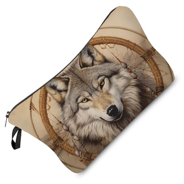 Wolf Dreamcatcher Makeup Bag Wild Wolf Small Cute Organizer Bag Zipper Pouch Wolf Print Cosmetic Bag Present for Wolf Lovers Women Friends