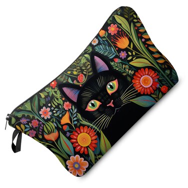 Black Cat Makeup Bag Mexican Folk Art Painting Small Organizer Zipper Pouch Floral Black Cat Kitten Print Cosmetic Bag Present for Women Friends
