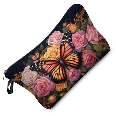 Floral Butterfly Makeup Bag Pink Rose Butterfly Small Cute Organizer Bag Zipper Pouch Floral Butterfly Print Cosmetic Bag Present for Women Friends