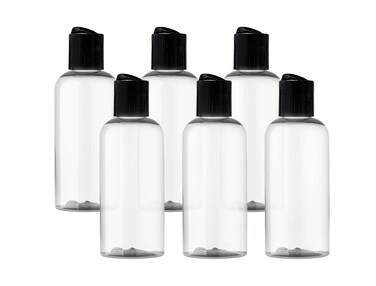 ljdeals 4 oz Clear Plastic Empty Bottles with Black Disc Top Caps, Refillable Cosmetic Containers for Shampoo, Lotions, Cream and more Pack of 6, BPA Free, Made in USA