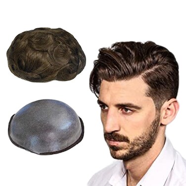Toupee for Men Human Hair Mens Hair Pieces 0.06mm Soft Thin Skin Single Knotted Natural Wavy Men's Hair Replacement System with 8x10 Inch Cap #4(Light Brown Color)