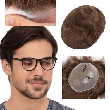 Toupee for Men 100% European Real Human Hair Mens Hair Pieces 0.06mm V-loop Soft Super Thin Skin Hair System for Men 8x10 Inch PU Hair Replacement System for Men #5(Medium Light Brown)