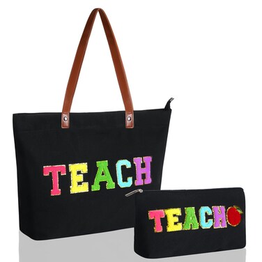 2 Pcs Tote Bag Gift for Teacher Nurse Dance Preppy Makeup Bag Cosmetic Women Chenille Letter School party