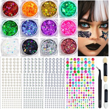 Body &amp; Hair Festival Jewels &amp; Glitter Gems with Self Adhesive &amp; Tweezers for Face, Eyes &amp; Body