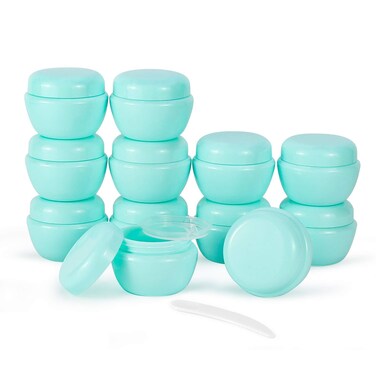 Longway Refillable Cosmetic Jars - 1 oz / 30ml Green Plastic Containers with Spatulas (Pack of 12)