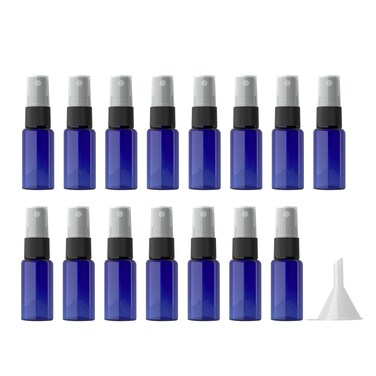 longway 15 PCS Spray Bottles, 0.5oz/15ml Blue Empty Fine Mist Spray Bottle Dispenser with Cap, Small Refillable Liquid Containers with 1pcs Funnel and 18pcs Labels