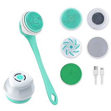 Electric Back Scrubber with Five Body Brush Head, Rechargeable ; Detachable Long Handle (Green)
