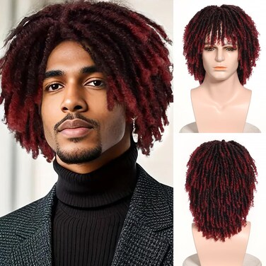 Short Dreadlocks Wig for Man Crochet Twist Hair Braided Wig Wear and Go Afro Curly Wig Black Mixed Red Natural Synthetic Wig for Daily and Party