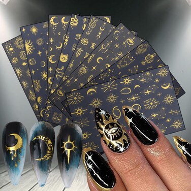 8 Sheets Gold Nail Sticker 3D Self-Adhesive Gold Sun Moon and Stars Nail Sticker Metallic Snake Cat Design Golden Nail Decal Acrylic Nails Decoration for Women Manicure DIY French Nail Supplies
