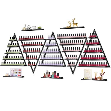 10PCS Metal Wall-mounted Nail Polish Storage Racks, Lorvain 5 Tiers White Triangular Display Rack Cosmetic Display Case Lipstick Perfume Wall Shelf Essential Oil Organizer for Home Spa Nail Salon Shop