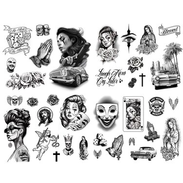 Los Vatos Chicano Vol. II - Cholo Chola Temporary Tattoos For Men Women, Payasa, Lowrider, Virgin Mary, Prayer, Cross, Chicana, Gangster, Fake Tattoo, D&iacute;a de Muertos, Tatuajes Temporales