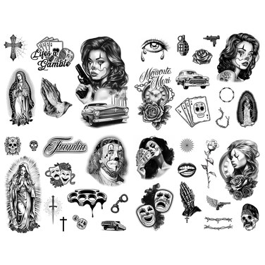 Los Vatos Chicano Vol. I - Cholo and Chola Temporary Tattoos For Men Women, Payasa, Lowrider, Virgin Mary, Prayer, Cross, Chicana, Gangster, Fake Tattoo, D&iacute;a de Muertos, Tatuajes Temporales
