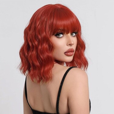 LOSMOEER Red Wig with Bangs Short Wavy Wigs for Women Shoulder Length Curly Bob Wigs Heat Resistant Synthetic Wigs for Halloween Cosplay Daily Party Use