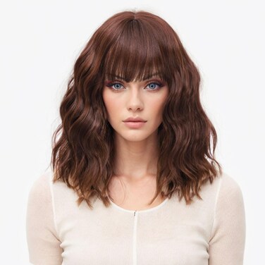 LOSMOEER Chocolate Copper Brown mixed Light Brown with Bangs Short Wavy Wigs for Women Shoulder Length Curly Bob Wigs Heat Resistant Synthetic Wigs for Halloween Cosplay Daily Party Use