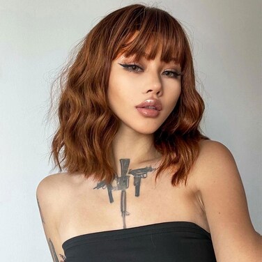 LOSMOEER Auburn Brown Wig with Bangs Short Wavy Wigs for Women Shoulder Length Curly Bob Wigs Heat Resistant Synthetic Wigs for Halloween Cosplay Daily Party Use