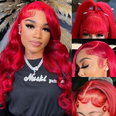 Red Lace Front Wig - Human Hair, 200% Density Body Wave, 22 Inch, Pre-Plucked with Baby Hair