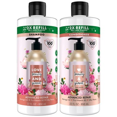 Love Beauty Planet Shampoo and Conditioner, Advanced Repair, Moringa Oil, Pro-Vitamin B5, Peony - Sulfate-Free Shampoo &amp; Conditioner for Damaged, Dry Hair, Scented, Refill, 22 Oz (2 Piece Set)