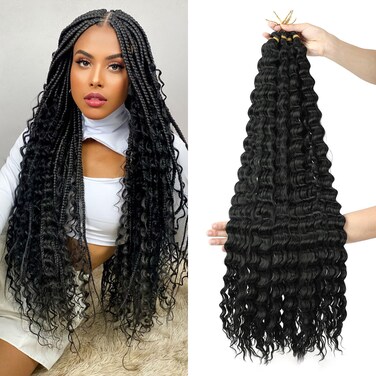 Ocean Wave Crochet Hair 30 inch 7 Packs Long Black Deep Wave Curly Braiding Hair Soft Synthetic Curly Crochet Hair For Black Women (30 Inch, 1B）