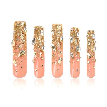 Gold Bling Press On Nails, Stunning Drill Glue On Nails, Luxury Fake Nails, Princess Nails   Handmade Nails l Fake Stick on nails   Square Long 2.2 in   H84(S)