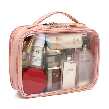 LOXOMU Clear Makeup Bag - Clear Cosmetic Bag with Zipper, Travel Toiletry Bags for Women, Makeup Organizer Bag with Detachable Brush Holder (Pink)