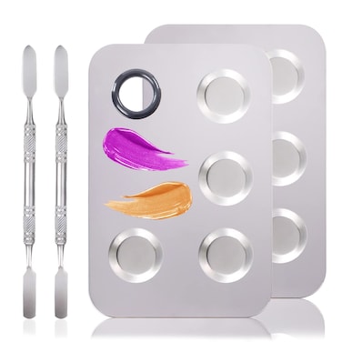 4 in 2 Set Makeup Mixing Palette, Makeup Palette for Foundation, Makeup Mixing Tray, Stainless Steel Mixing Tray with Spatula for Mixing Foundation Eye Shadow Nail Art, Makeup Foundation Mixing Tray