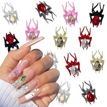 Halloween Nail Charms 3D Alloy Spider Nail Charms Gold Silver Red Pink Black Spider Nail Gems Jewelry Spider Nail Rhinestones Design Halloween Charms for Acrylic Nails DIY Nail Decoration 12Pcs