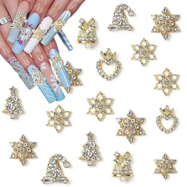 16 pcs Christmas Nail Charms Alloy Snowflake Nail Rhinestones Gold Nail Art Charms Xmas Tree Bell Heart Design Luxury Nail Crystal Diamonds for Acrylic Nails Nail Gems Women DIY Holiday Nail Decor
