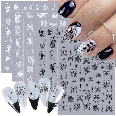 Black White Bow Flower Nail Art Stickers- 6 Sheets Flower Leaves Tulip Bow Knot Nail Decals 3D Self Adhesive Nail Art Design Spring Nail Stickers Acrylic Nail Supplies for Women Manicure Decorations