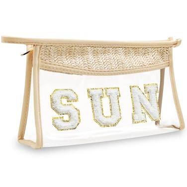 Boho Hand-woven Makeup Bag, Chenille Letter Patch Clear Travel Pouch, Rattan Straw Bag Clear Cosmetic Sunscreen Bags, Women Summer Retro Travel Beach Bag Beach Essentials (Boho_Beige-Sun)