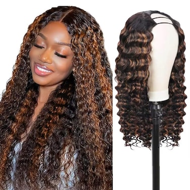 FB30 Deep Wave U Part Human Hair Wigs for Black Women 180% Density Glueless U Shape Half Wig 180% Density Wig No Leave Out Lace Glueless Deep Curly Upgrade U Part Wigs (20 inch, FB30)