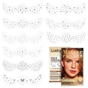 Face Glitter Freckles Makeup Patches Silver Glitter Freckles Face Tattoo 9 Style Set Speckles Sparkle Freckle Temporary Tattoo Beauty Face Freckles Waterproof Faux Fake Freckle for Music Party Makeup